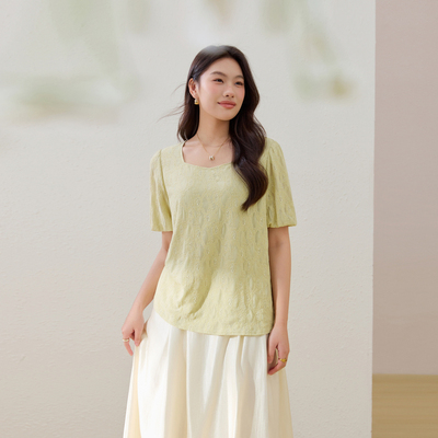 【威尼斯】正肩显瘦方领泡泡袖针织衫纤莉秀大码女装胖mm夏装新款