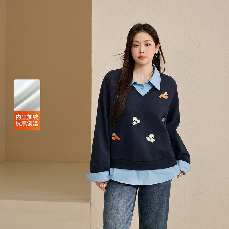 【韩系假两件翻领加绒卫衣】纤莉秀大码女装减龄上衣胖mm春装新款