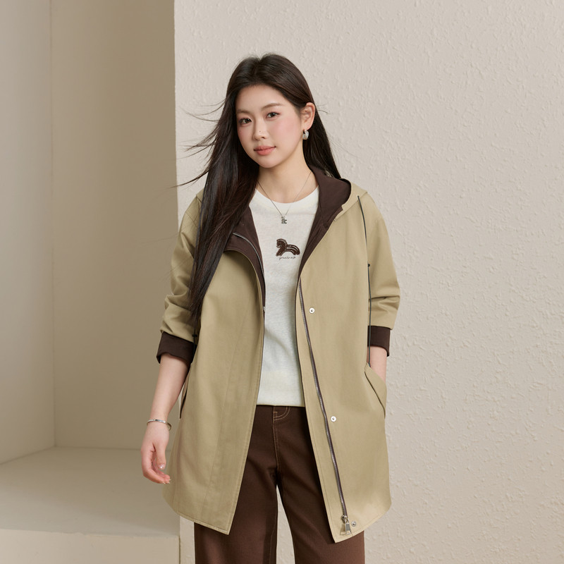 【复古时髦撞色风衣】纤莉秀大码女装纯棉连帽外套胖mm2026春新款