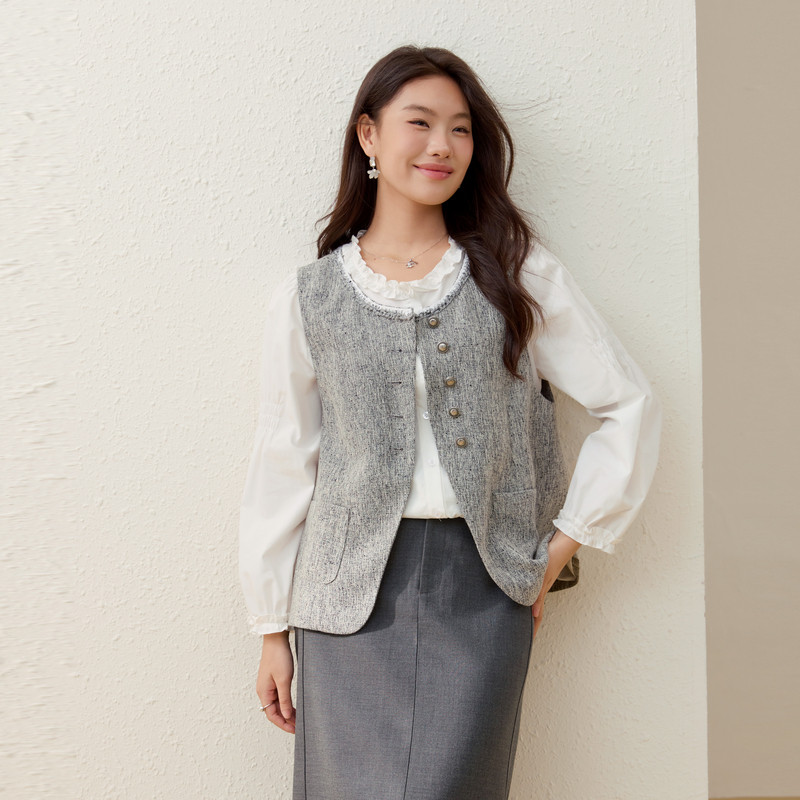 【清荷】灯笼袖轻薄衬衫复古马甲套装纤莉秀大码女装胖mm春装新款