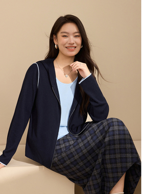 【秋山暮云】假两件撞色设计连帽针织衫纤莉秀大码女装胖mm秋新款
