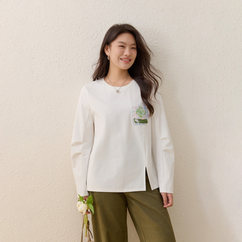 【珠片贴花圆领T恤】纤莉秀大码女装设计感开叉上衣胖mm春装新款