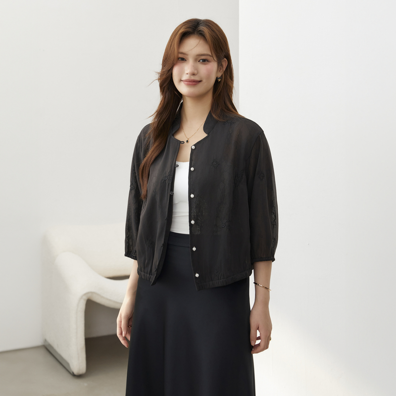 新中式薄款外套纤莉秀大码女装国风刺绣立领蕾丝上衣胖mm夏装新款