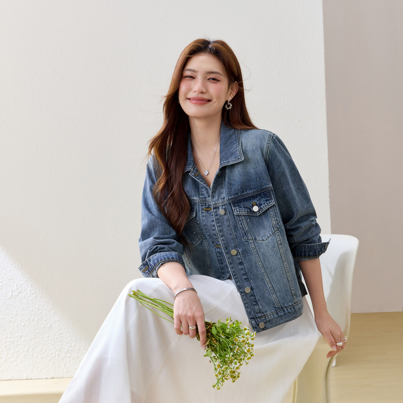 【满天星】烫钻复古气质翻领牛仔外套纤莉秀大码女装胖mm夏装新款