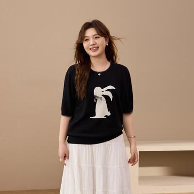 【减龄兔子图案针织衫】纤莉秀大码女装舒适软糯上衣胖mm秋装新款