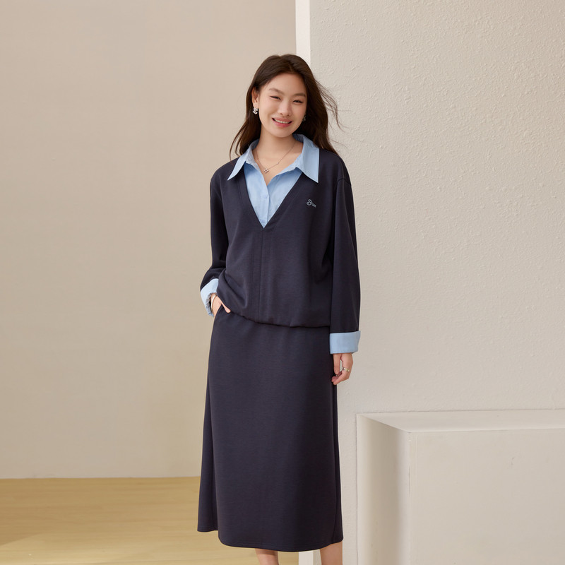 【松弛感卫衣套装】纤莉秀大码女装藏蓝色两件套胖mm2026春装新款