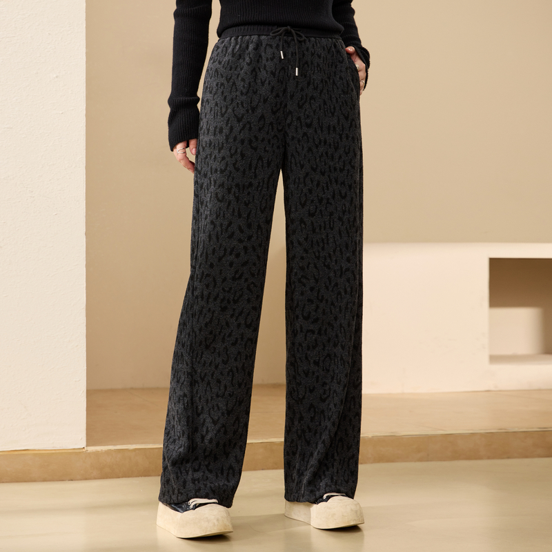 【豹纹松紧腰百搭裤子】纤莉秀大码女装慵懒休闲裤胖mm2025冬新款