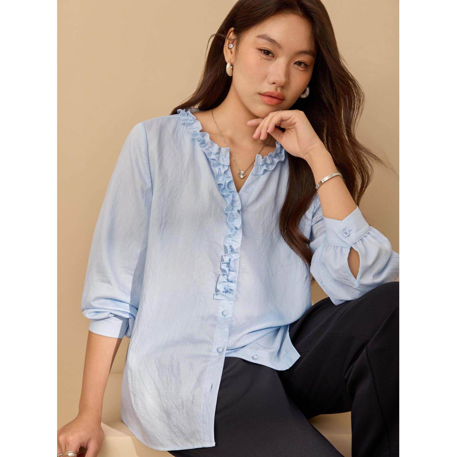 【木耳边领衬衫】纤莉秀大码女装甜美减龄显瘦上衣胖mm2025秋新款