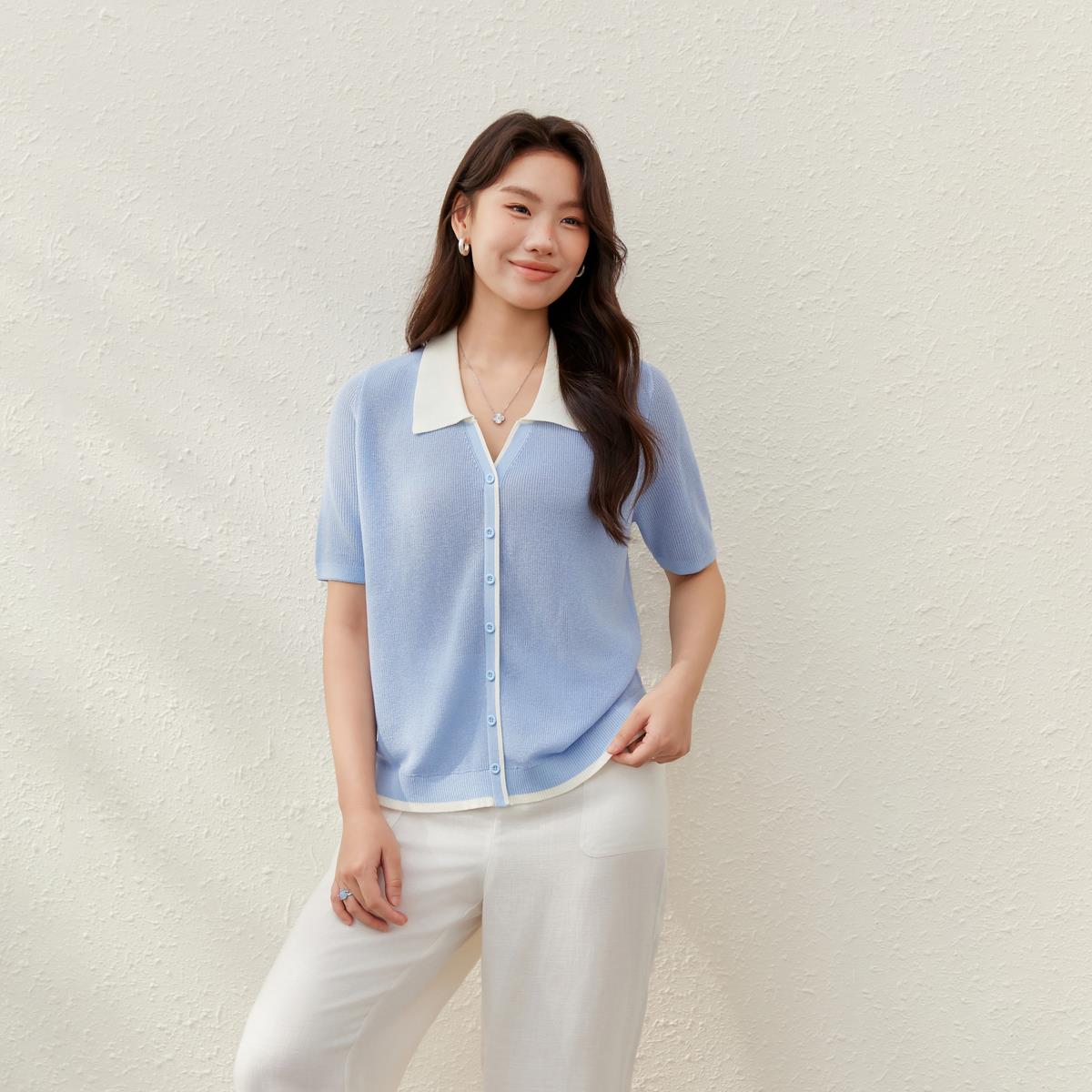 【洋气时尚翻领温柔百搭针织衫】纤莉秀大码女装胖mm2025夏装新款