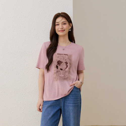 【休闲舒适圆领T恤】纤莉秀大码女装慵懒宽松上衣胖mm2026春新款