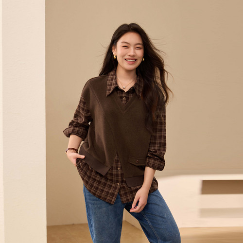 【假两件拼接格子卫衣】纤莉秀大码女装复古文艺风上衣胖mm冬新款