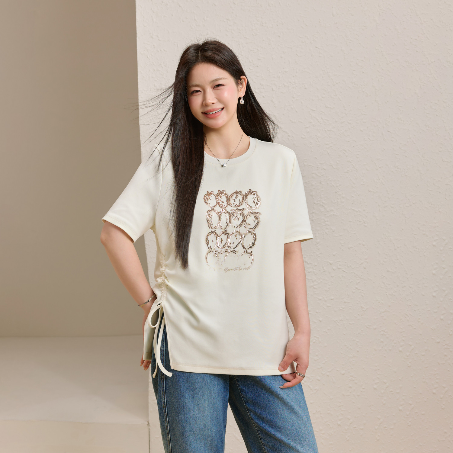 【暴富草莓】玫瑰金亮片印花棉感T恤纤莉秀大码女装胖mm夏装新款