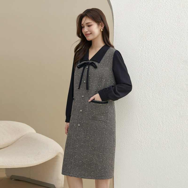 【名媛小香风连衣裙】纤莉秀大码女装假两件裙子胖mm2024冬装新款