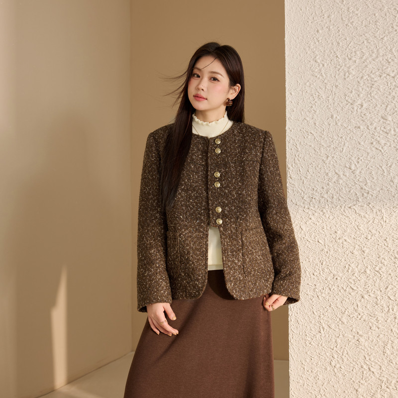 【保暖夹棉外套】纤莉秀大码女装复古优雅圆领开衫胖mm2025冬新款