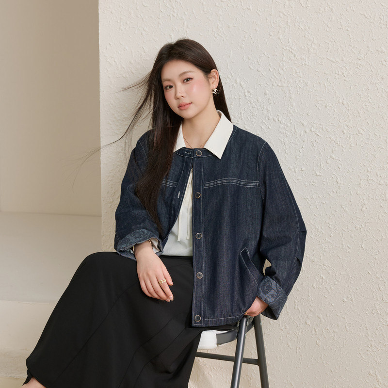【时髦圆领外套】纤莉秀大码女装袖口拼接百搭开衫胖mm2026春新款
