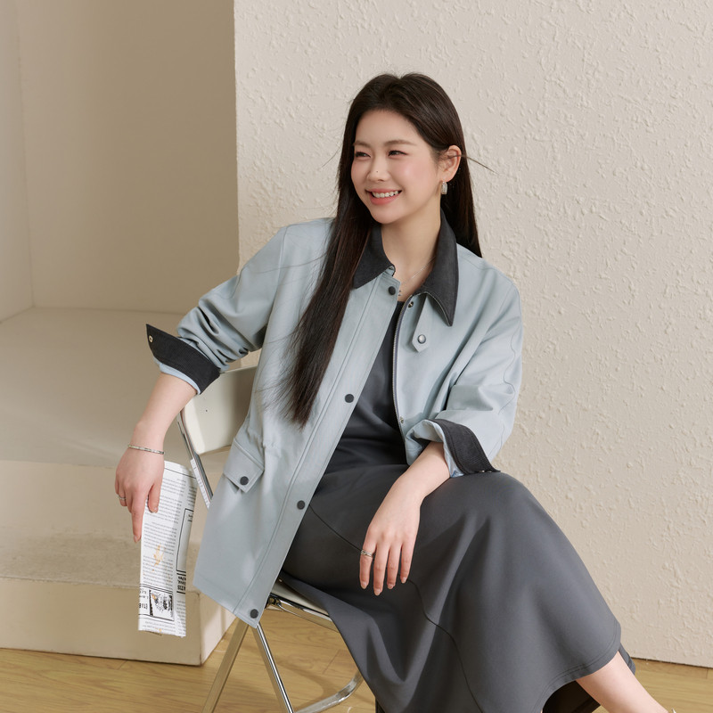 【灯芯绒撞色翻领外套】纤莉秀大码女装简约百搭开衫胖mm春装新款