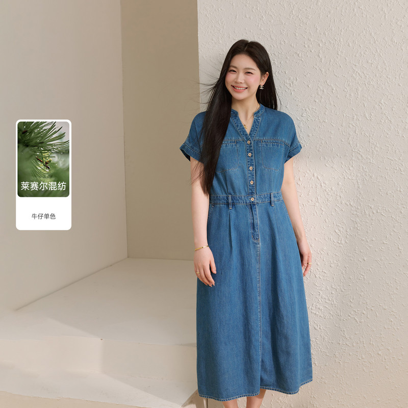 【复古港风连衣裙】纤莉秀大码女装莱赛尔牛仔裙胖mm2026夏装新款