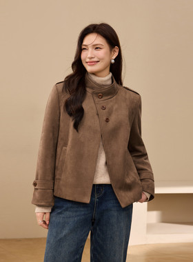 【复古麂皮绒夹棉外套】纤莉秀大码女装个性立领夹克胖mm冬装新款