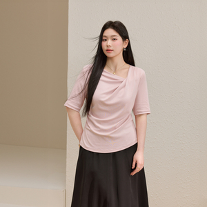 【设计感斜领针织衫】纤莉秀大码女装洋气优雅上衣胖mm2026夏新款