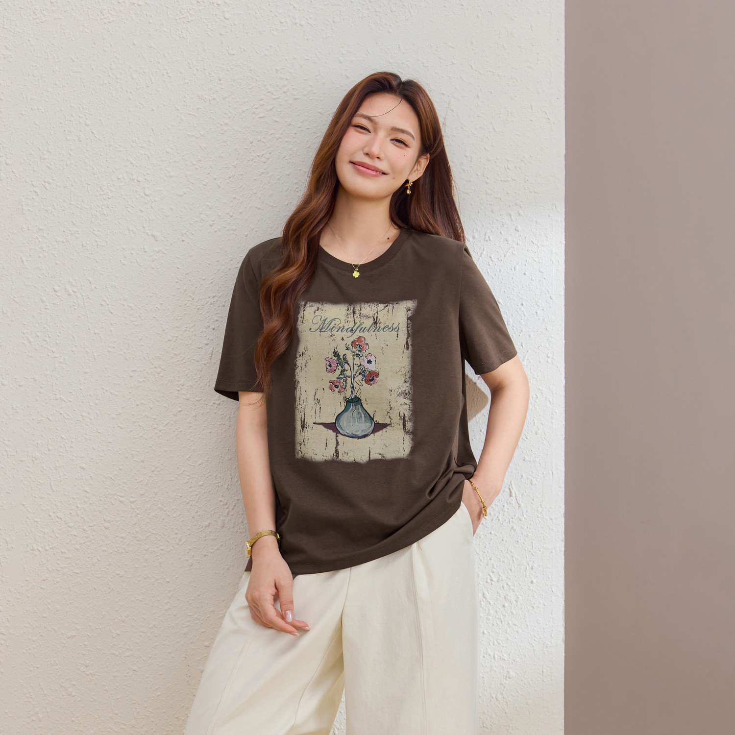 【复古印花宽松T恤】纤莉秀大码女装显瘦落肩半袖上衣胖mm夏新款