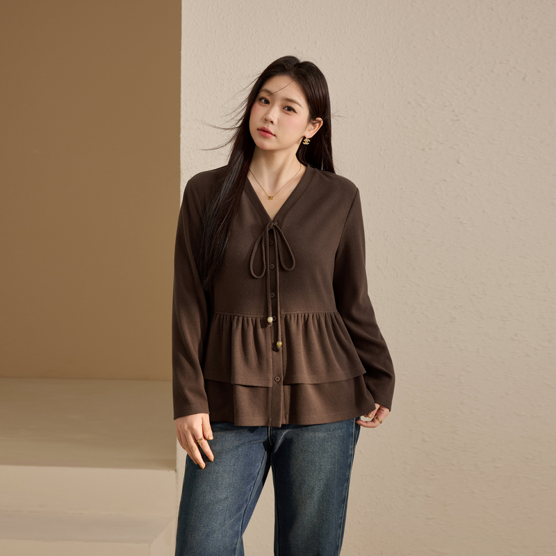 【气质V领设计感针织衫】纤莉秀大码女装轻熟风上衣胖mm冬装新款