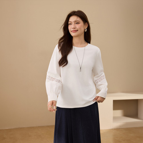 【花笺】法式蕾丝拼接舒适圆领T恤纤莉秀大码女装胖mm2025秋新款