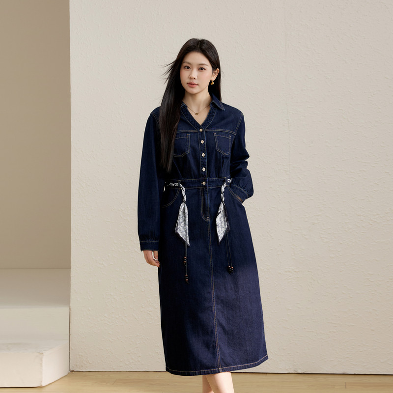 【纯棉牛仔连衣裙】纤莉秀大码女装丝巾腰带设计裙子胖mm春装新款