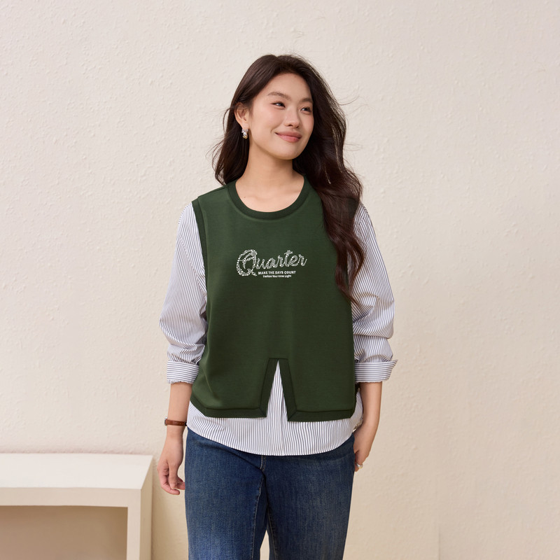 【条纹拼接假两件卫衣】纤莉秀大码女装时髦百搭上衣胖mm春装新款