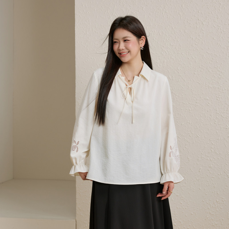 【别致镂空绣花衬衫】纤莉秀大码女装法式温柔上衣胖mm2026春新款