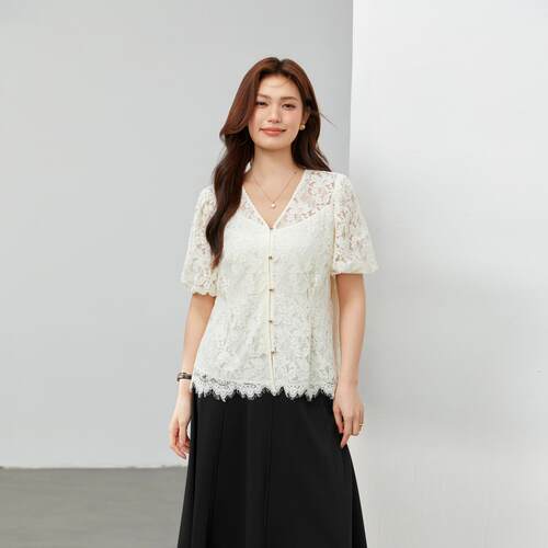 【欧若风小众设计感蕾丝衬衫】纤莉秀大码女装蕾丝优雅衬衫