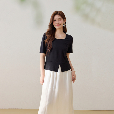 【法式高级拼接长裙】纤莉秀大码女装设计感显瘦连衣裙胖mm夏新款