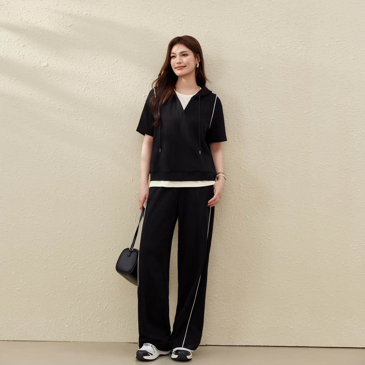 【自在追光】撞色拼接连帽针织衫阔腿裤套装纤莉秀大码胖mm夏新款