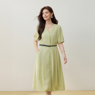 知性通勤收腰长裙胖mm夏装 女装 纤莉秀大码 新款 气质V领连衣裙