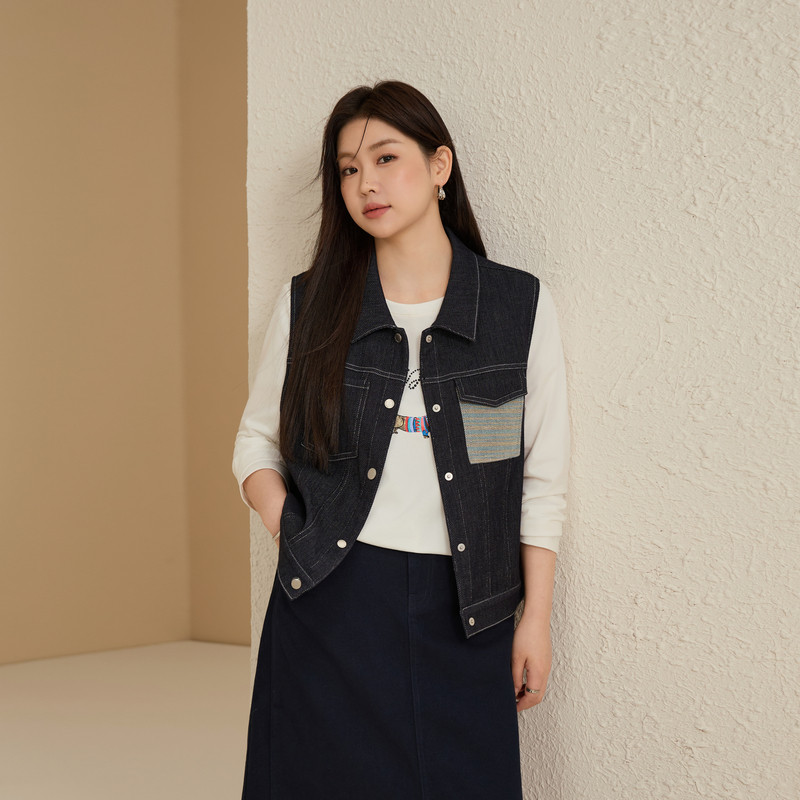 【复古深色牛仔马甲】纤莉秀大码女装时髦潮流外搭胖mm2025秋新款