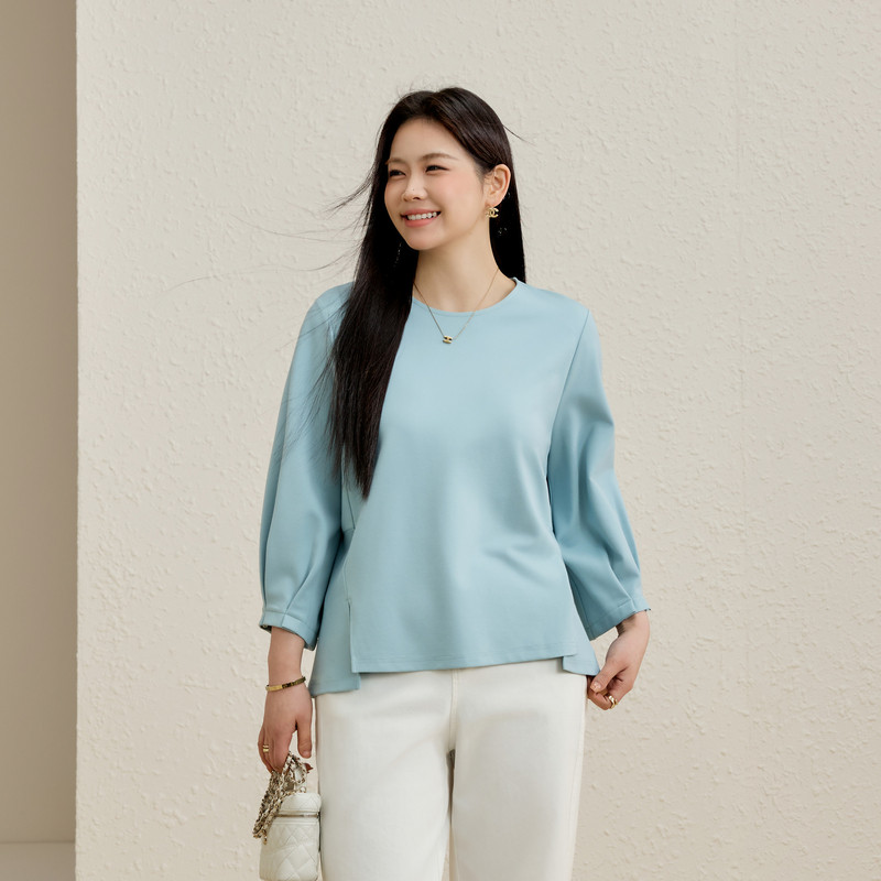 【圆领百搭T恤】纤莉秀大码女装时尚设计感开叉上衣胖mm春装新款