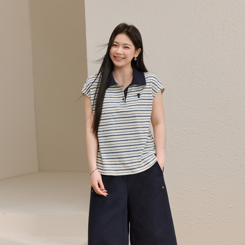 【知性条纹POLO领T恤】纤莉秀大码女装时髦百搭上衣胖mm夏装新款