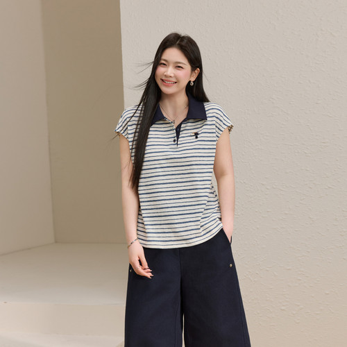 【知性条纹POLO领T恤】纤莉秀大码女装时髦百搭上衣胖mm夏装新款
