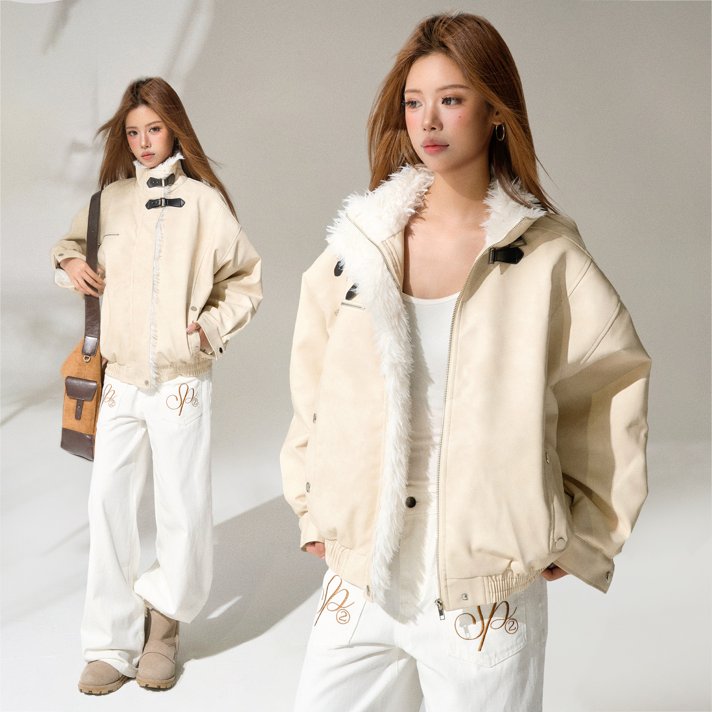 OAKMOO韩系风复古毛领拼接立领PU皮棉服女秋冬设计感加厚保暖外套