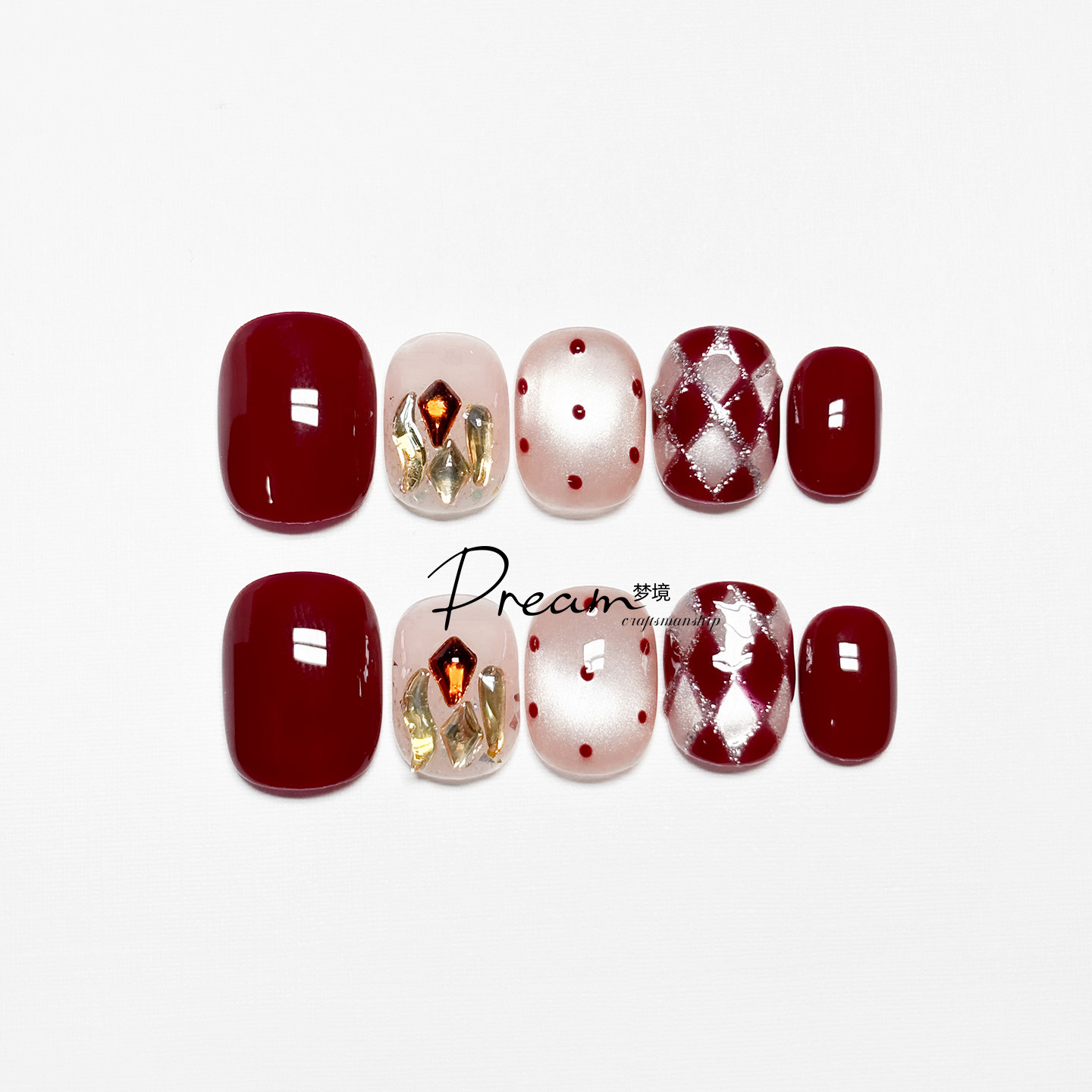 DREAM 纯手工穿戴甲红色波点猫眼秋冬高级菱格短款美甲假指甲贴片,彩妆/香水/美妆工具,穿戴甲/甲片,淘宝优惠券,粉丝福利购,淘宝优惠卷