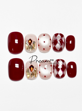 DREAM 纯手工穿戴甲红色波点猫眼秋冬高级菱格短款美甲假指甲贴片