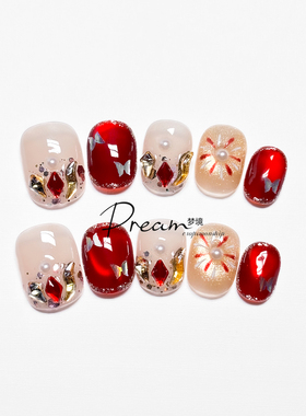 DREAM 烟花纯手工穿戴甲2025新款秋冬短款红色猫眼美甲高级感贴片