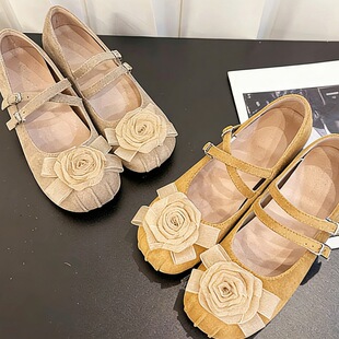 女粗跟不累脚花朵一字带单鞋 牛皮版 真皮内增高7CM小个子玛丽珍鞋