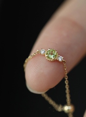 纯银镀14K金橄榄石转运珠小金豆链条可调节软戒指女日系小众设计