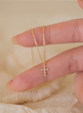纯银镀14k金十字架女项链锁骨链