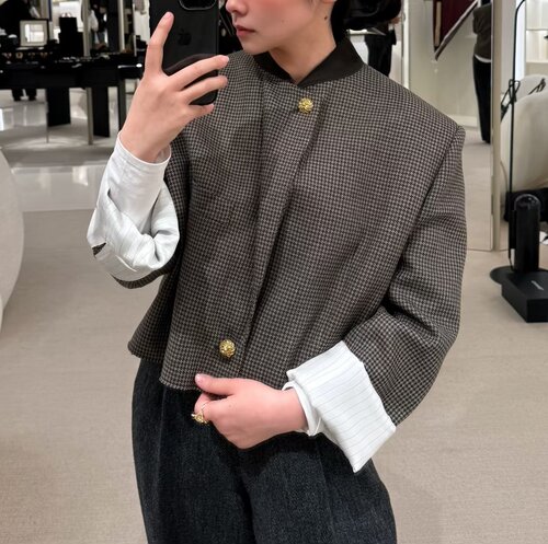 小香风千鸟格金扣短款西装外套女