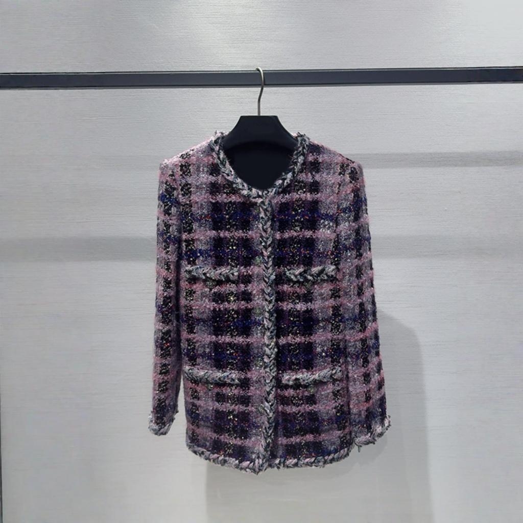 名媛新款粗花呢紫色上衣高级感