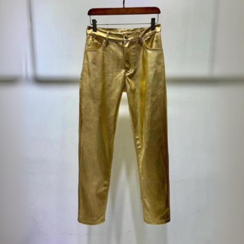 欧洲站春冬新款金色紧身烫金皮裤