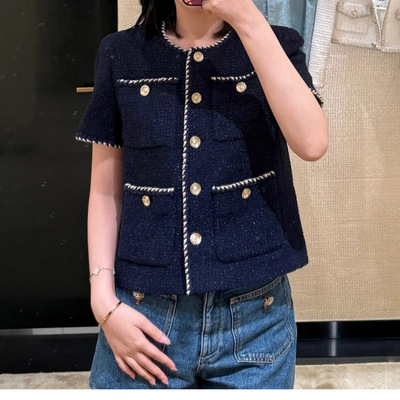 小香风粗花呢编织圆领短款外套女