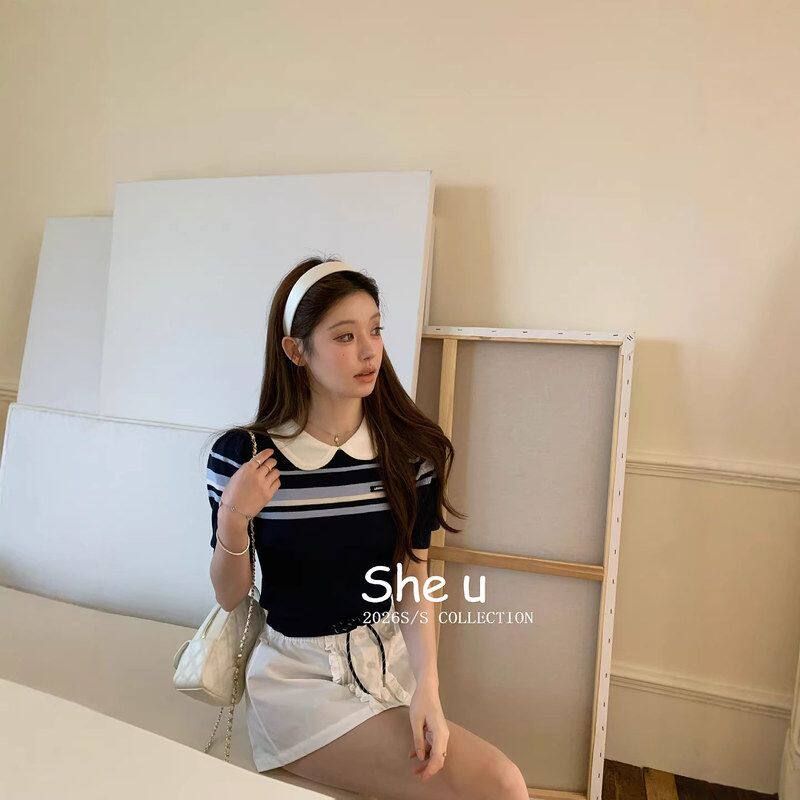 林博洋款miu系穿搭学院风娃娃领针织短袖T恤女减龄假两件上衣女夏
