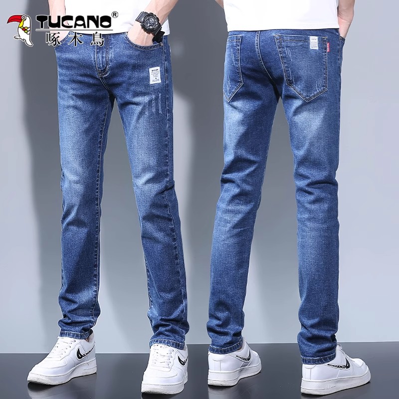 啄木鸟牛仔裤男士修身小脚直筒春秋款休闲潮流帅气百搭弹力长裤子